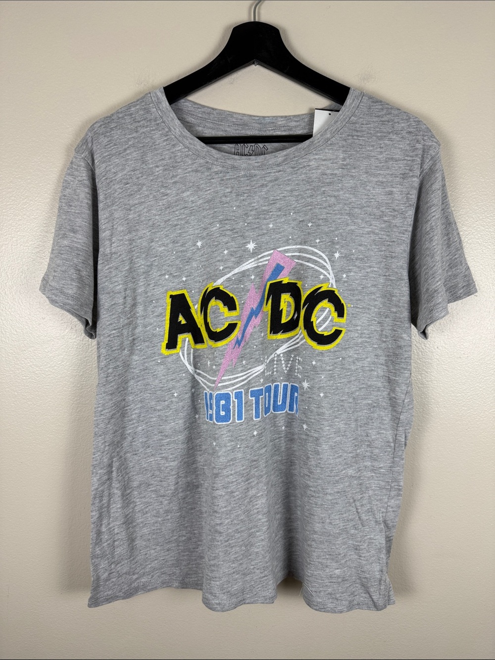 AC/DC Gray Tee with Yellow, Black, Pink and Blue Logo. XXL